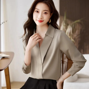 Camisa feminina versátil de cetim de seda, cor pura, top de chiffon aberto