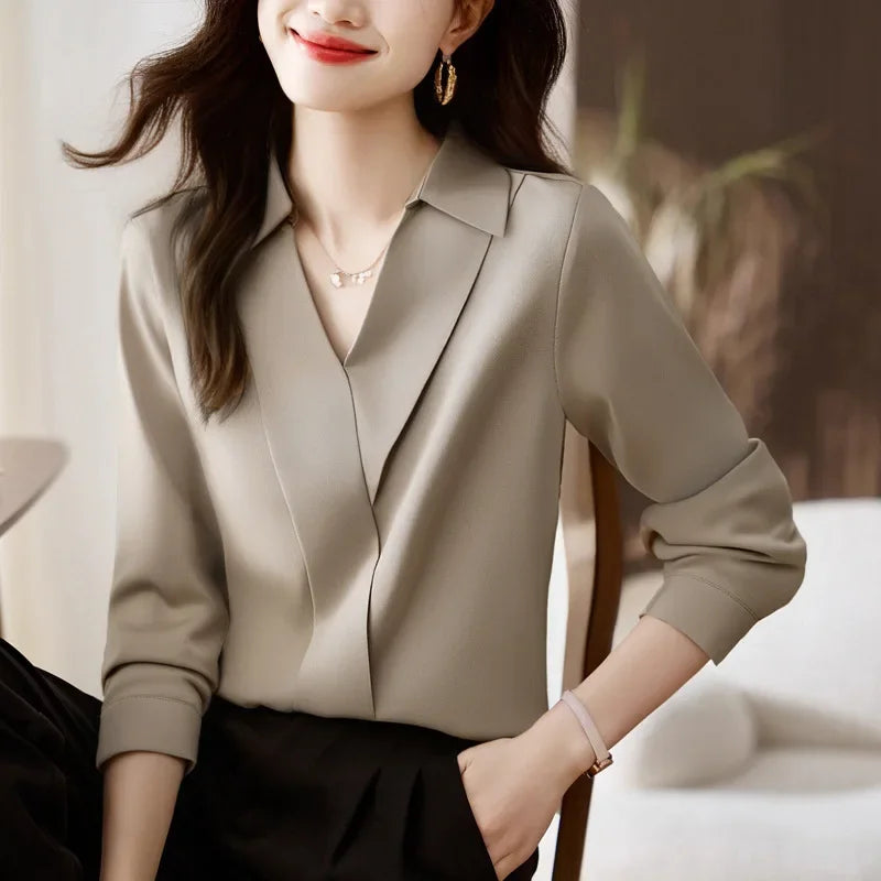 Camisa feminina versátil de cetim de seda, cor pura, top de chiffon aberto