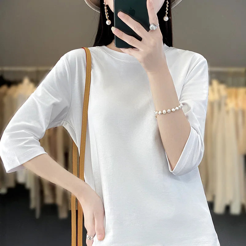 Blusa Básica em Algodão Mercerizado com Manga Cropped  "Primavera de Seul"