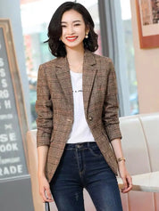 Blazer Feminino Xadrez – Look Seoul Autumn