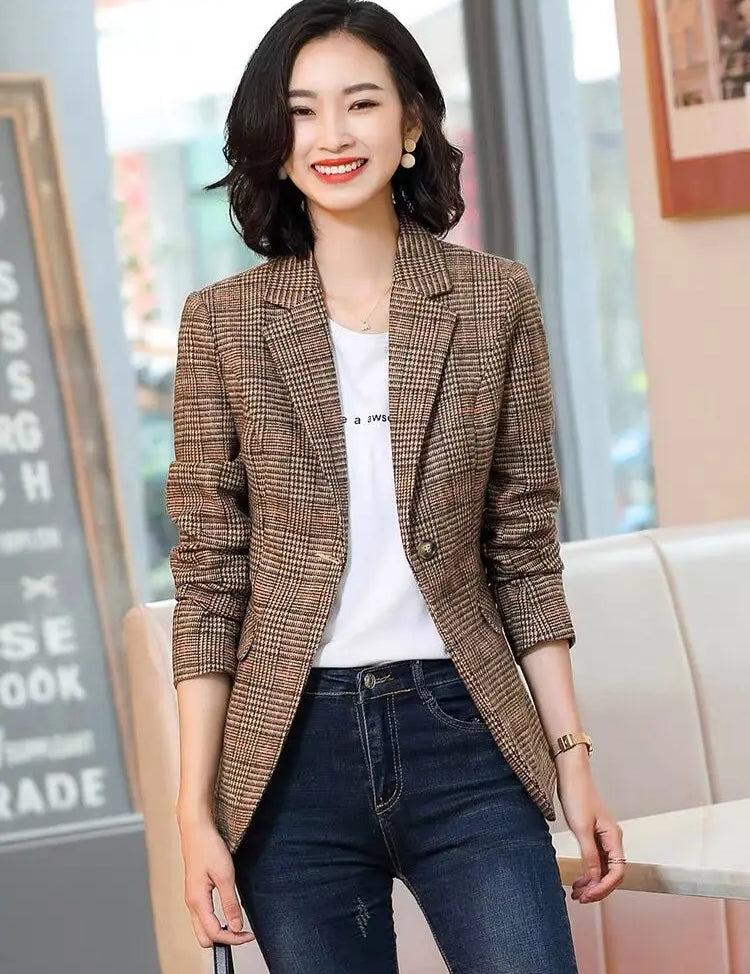 Blazer Feminino Xadrez – Look Seoul Autumn