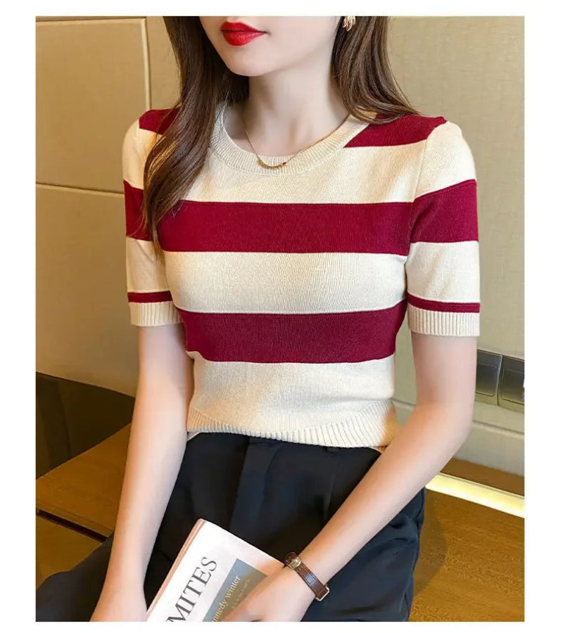 Cropped Versão Coreana Slimming Suave Listrado