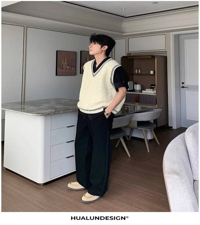 Colete Suéter Masculino Casual Decote em V – Estilo Coreano Clássico