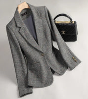 Terno de Lã Feminino Xadrez Tweed – Estilo Casual Coreano