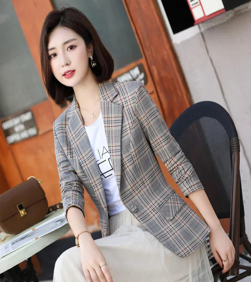 Blazer feminino cinza listrado xadrez slim fashion