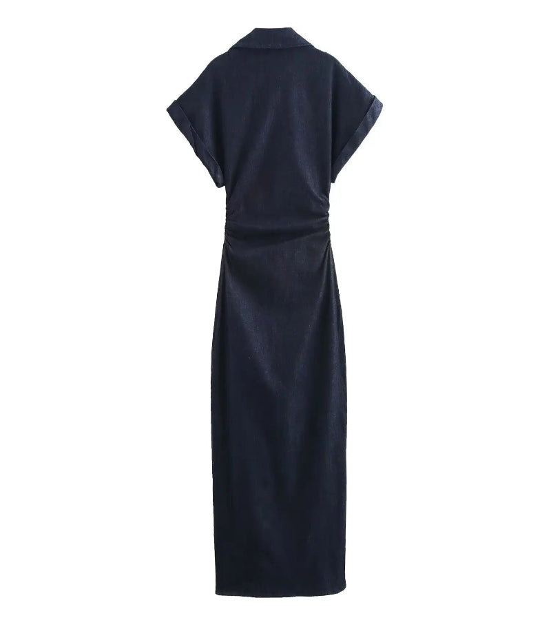 Vestido Jeans Midi Slim com Lapela - Look Seoul Denim Chic