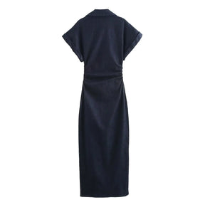Vestido Jeans Midi Slim com Lapela - Look Seoul Denim Chic