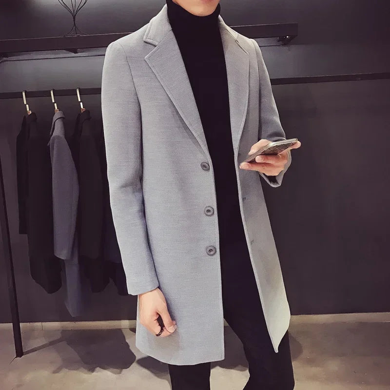 Casaco longo de algodão masculino 2024 outono inverno nova mistura de lã cor pura casual negócios moda fino blusão jaqueta roupas masculinas