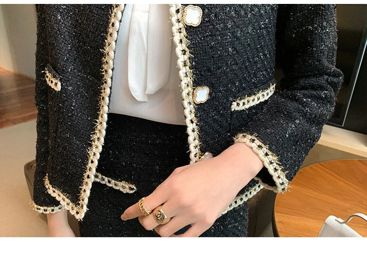 Terno feminino de tweed, conjuntos de 2 peças, casaco preto de abotoamento único + saia curta em linha