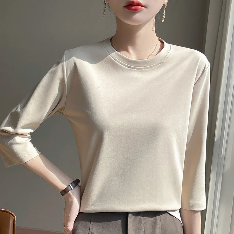 Blusa Básica em Algodão Mercerizado com Manga Cropped  "Primavera de Seul"