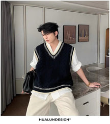 Colete Suéter Masculino Casual Decote em V – Estilo Coreano Clássico