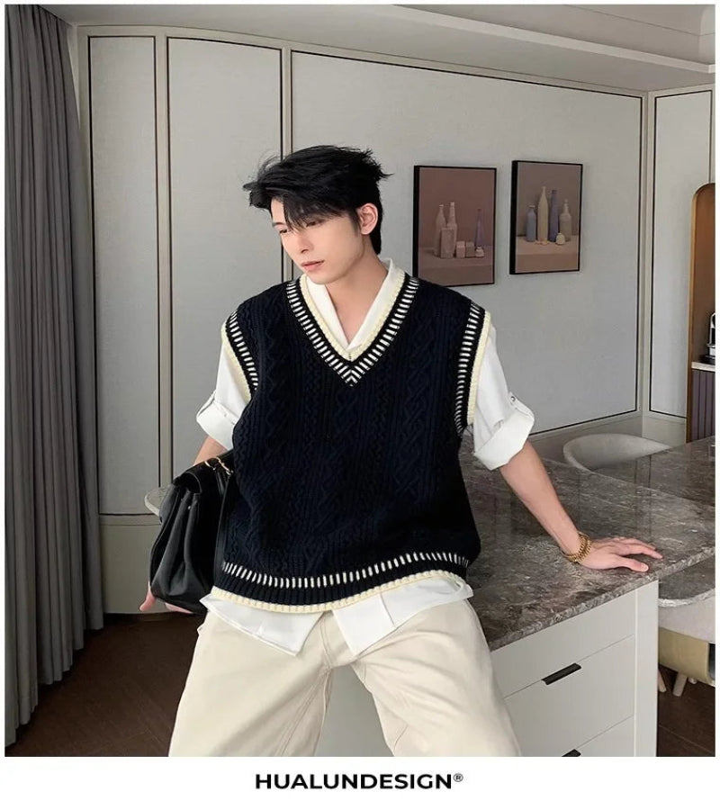 Colete Suéter Masculino Casual Decote em V – Estilo Coreano Clássico
