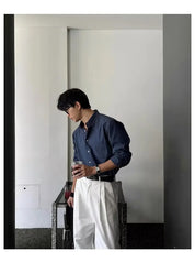 Camisa Masculina Coreana de Manga Longa com Pregas - Look Seoul Chic