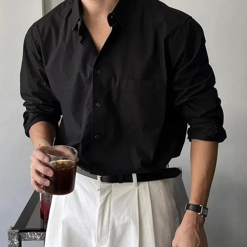 Camisa Masculina Coreana de Manga Longa com Pregas - Look Seoul Chic