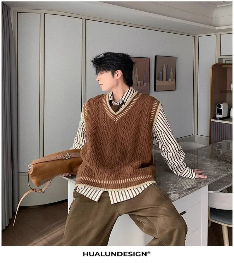 Colete Suéter Masculino Casual Decote em V – Estilo Coreano Clássico