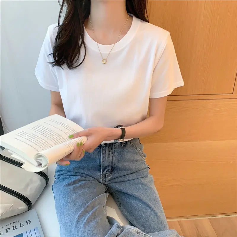 Camiseta feminina de manga curta de algodão, gola redonda