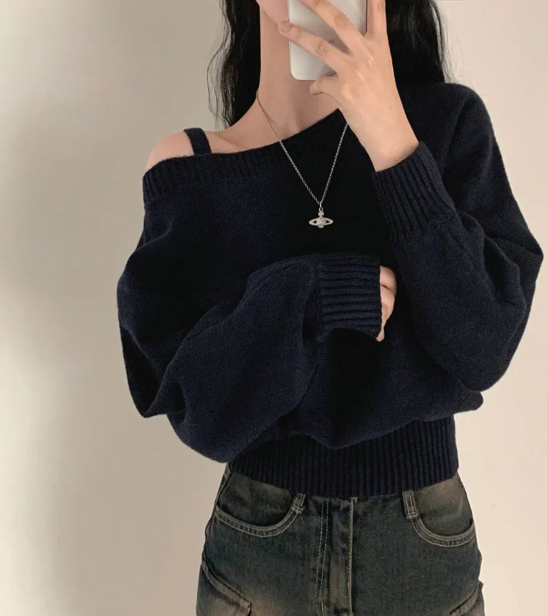 Blusa Suéter Estilo Coreano Chique com Ombros de Fora