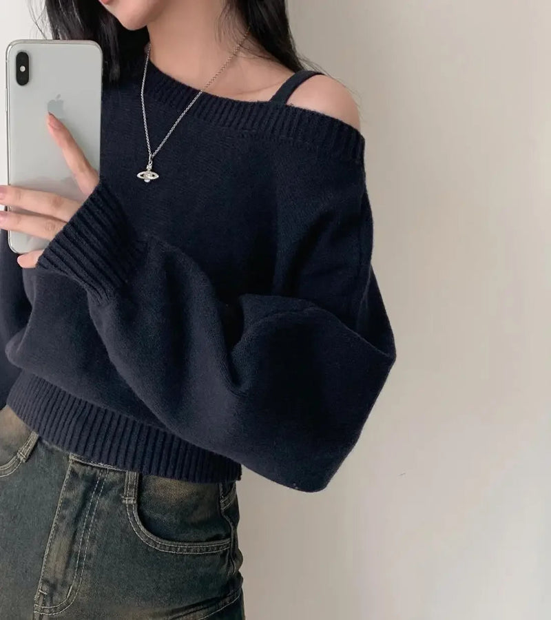 Blusa Suéter Estilo Coreano Chique com Ombros de Fora
