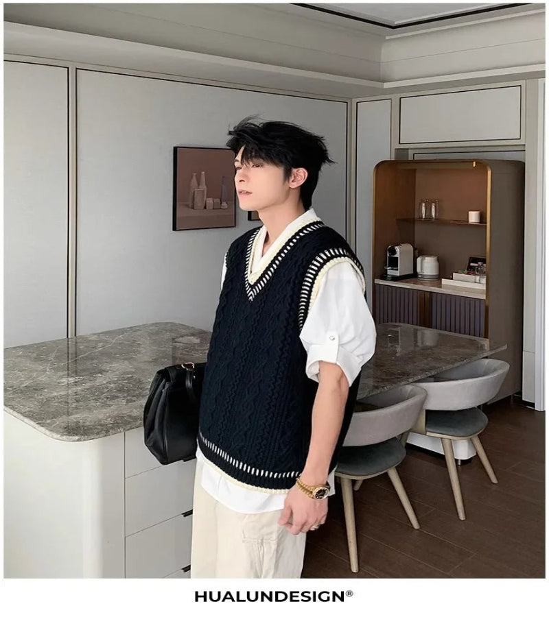 Colete Suéter Masculino Casual Decote em V – Estilo Coreano Clássico
