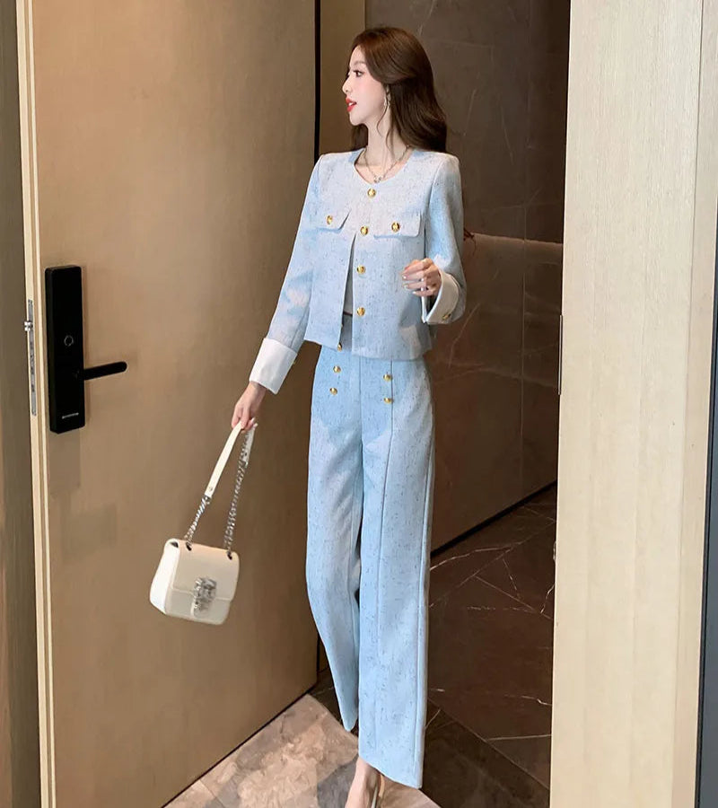 Look Elegância Tweed – Conjunto de Duas Peças com Casaco e Calça de Alfaiataria
