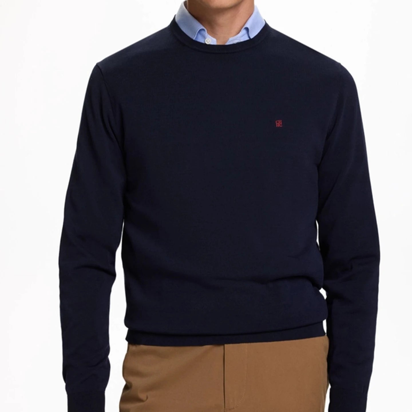 Suéter Masculino CH com Gola Redonda, Ajuste Slim, Manga Longa, Pullover de Tricô com Bordado Vermelho, Top Casual para Negócios