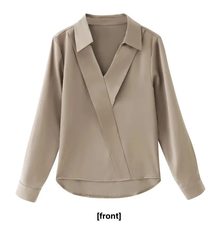 Camisa feminina versátil de cetim de seda, cor pura, top de chiffon aberto
