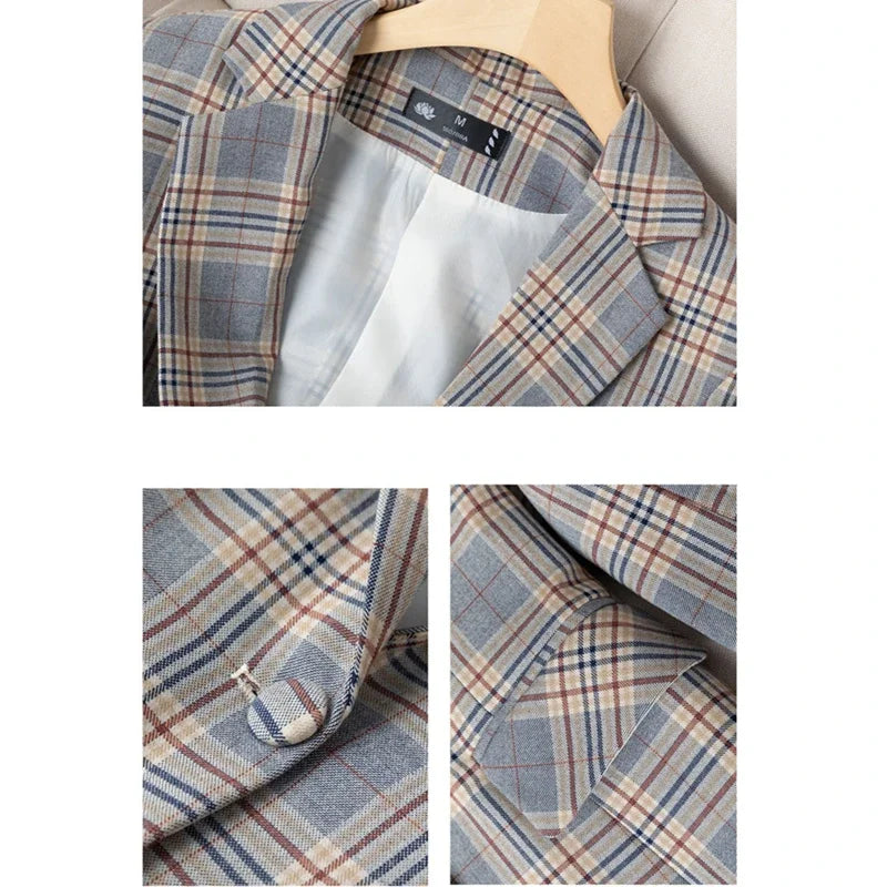 Blazer feminino cinza listrado xadrez slim fashion