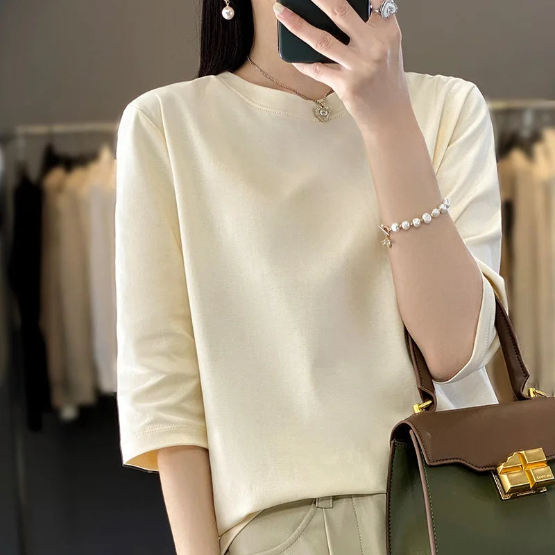Blusa Básica em Algodão Mercerizado com Manga Cropped  "Primavera de Seul"