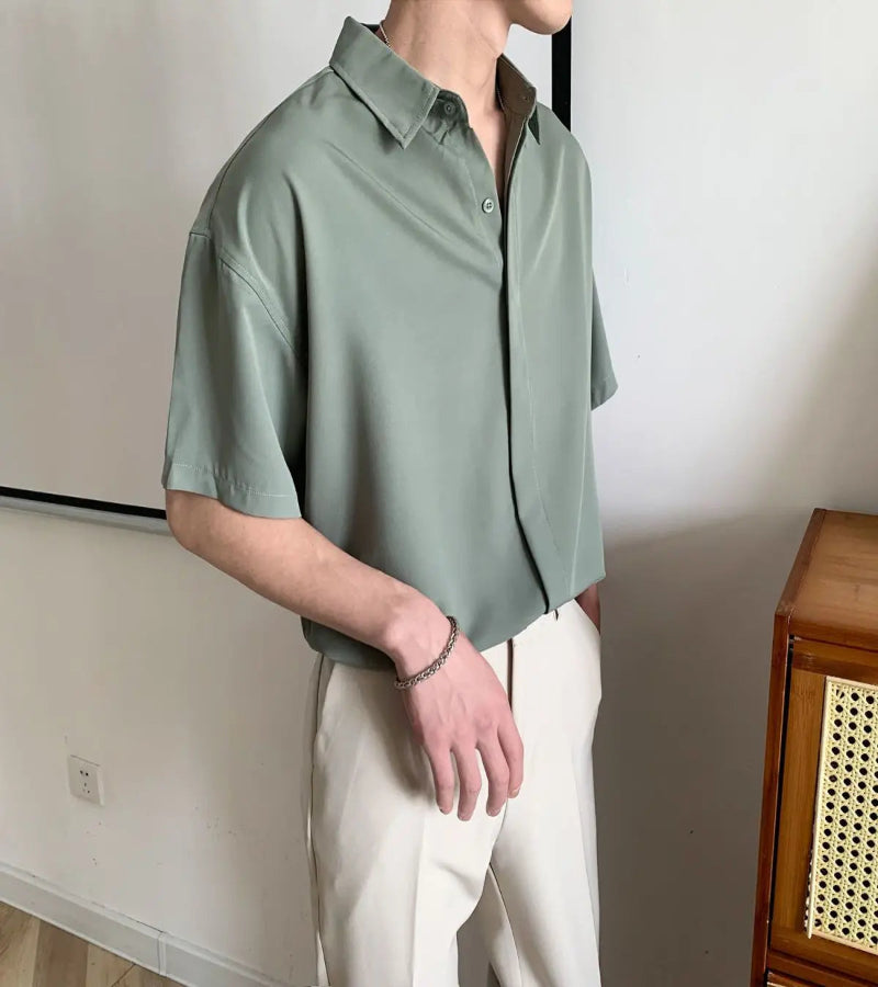 Camisa Masculina Lisa Solta com Gola – Estilo Coreano Casual