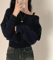 Blusa Suéter Estilo Coreano Chique com Ombros de Fora
