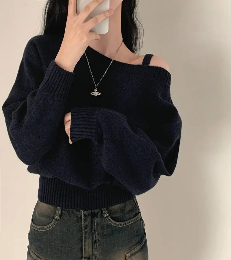 Blusa Suéter Estilo Coreano Chique com Ombros de Fora