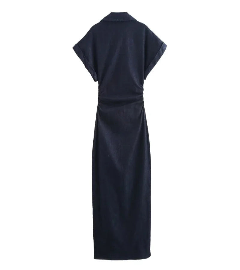 Vestido Jeans Midi Slim com Lapela - Look Seoul Denim Chic