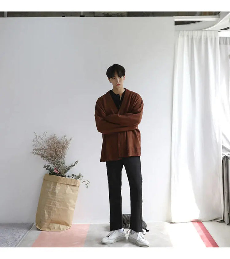 Suéter de Malha Solto com Abotoamento Simples - Estilo Coreano