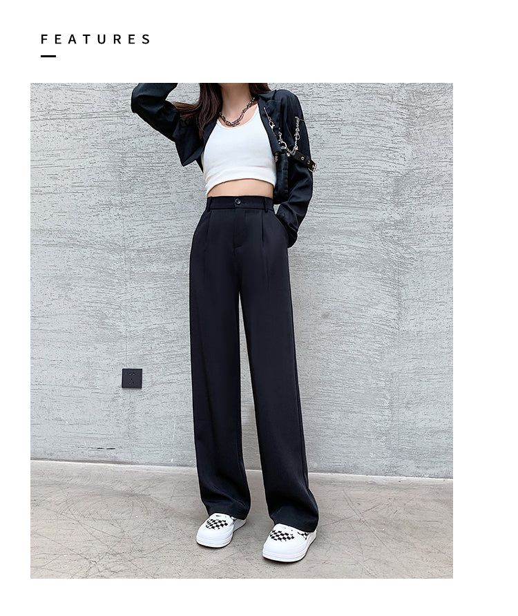 Calça feminina de cintura alta até o chão, reta e comprida