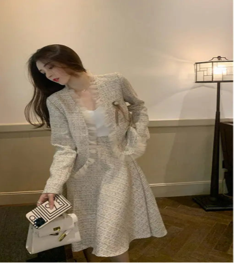 Conjunto de Duas Peças Tweed Estilo Saia