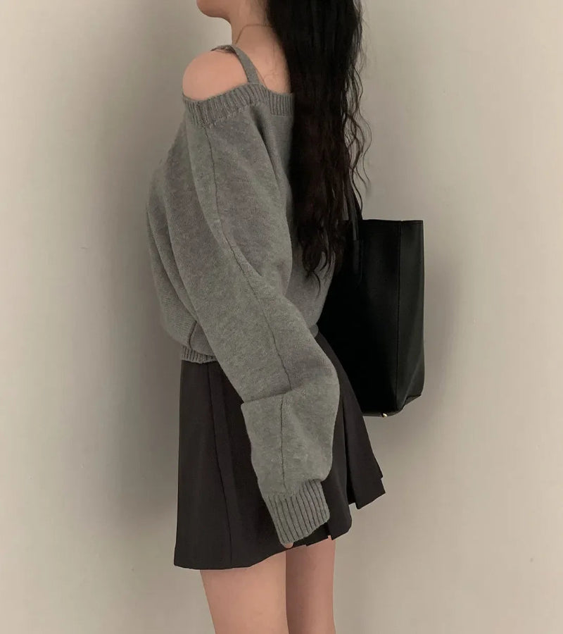 Blusa Suéter Estilo Coreano Chique com Ombros de Fora