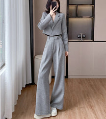 Terno Feminino com Botão Único e Calça de Cintura Alta – Elegância e Sofisticação Coreana