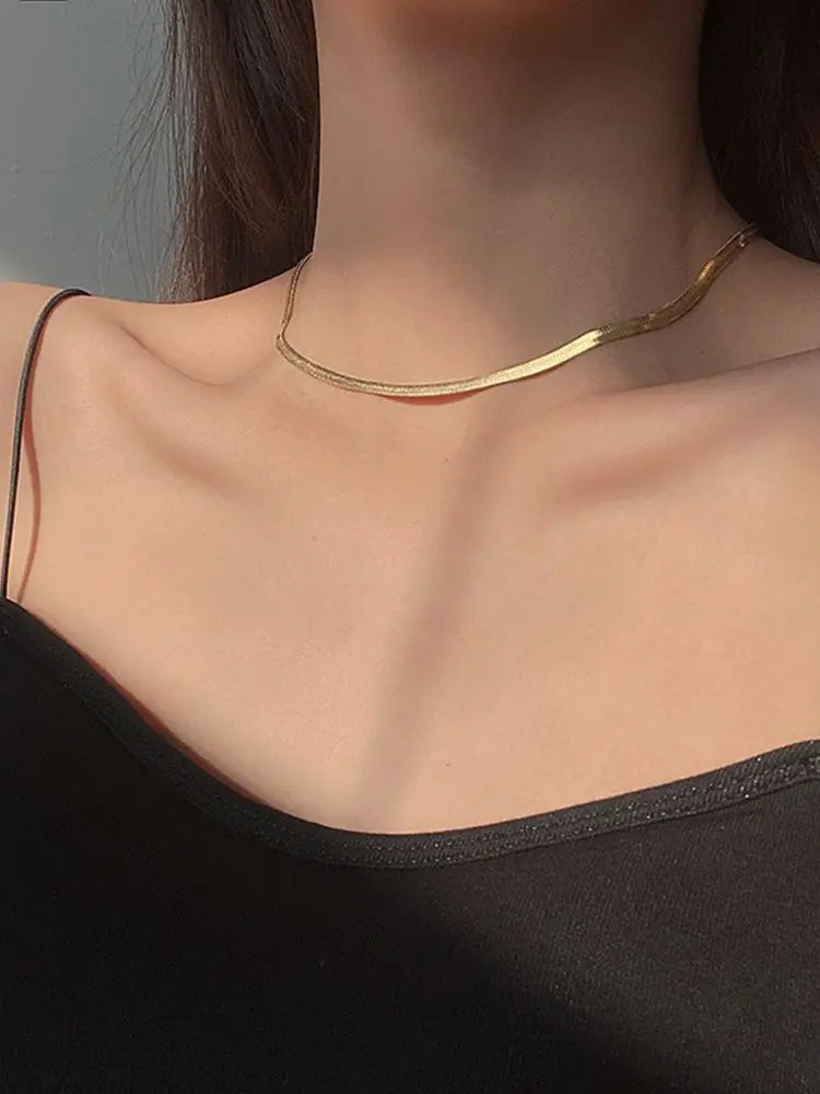 Gargantilha Punk com Corrente de Cobra e Lâmina Plana, Colar Dourado e Prateado