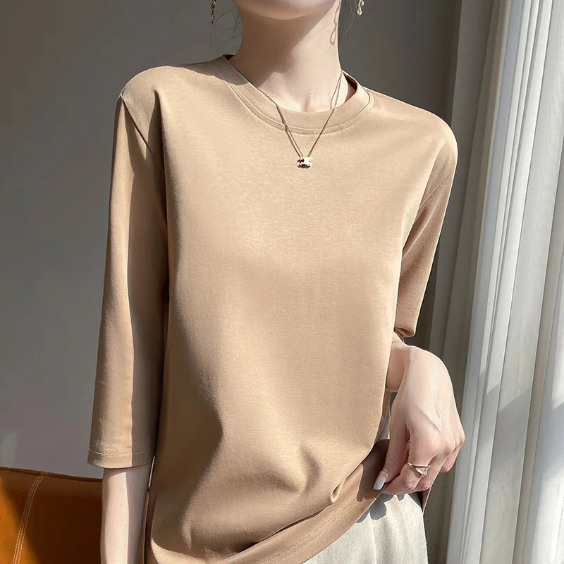Blusa Básica em Algodão Mercerizado com Manga Cropped  "Primavera de Seul"