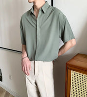 Camisa Masculina Lisa Solta com Gola – Estilo Coreano Casual