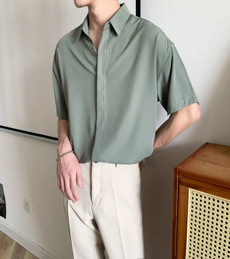 Camisa Masculina Lisa Solta com Gola – Estilo Coreano Casual