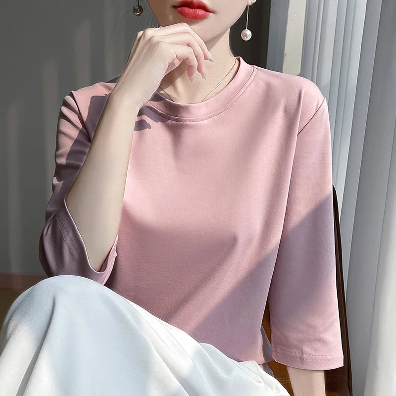 Blusa Básica em Algodão Mercerizado com Manga Cropped  "Primavera de Seul"