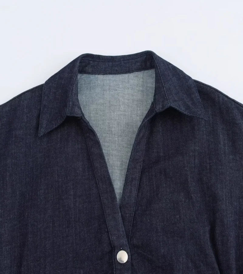 Vestido Jeans Midi Slim com Lapela - Look Seoul Denim Chic