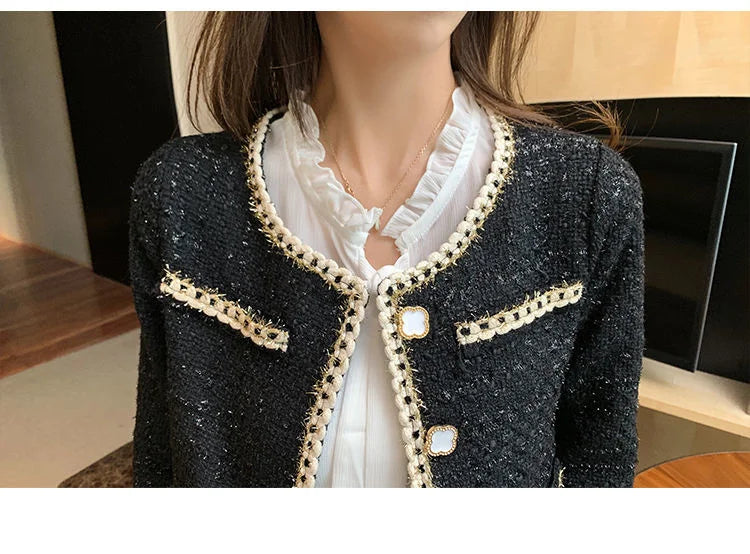 Terno feminino de tweed, conjuntos de 2 peças, casaco preto de abotoamento único + saia curta em linha