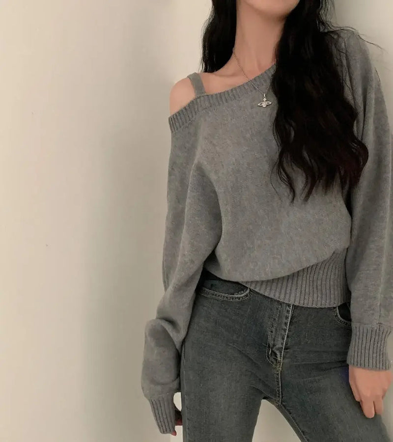 Blusa Suéter Estilo Coreano Chique com Ombros de Fora