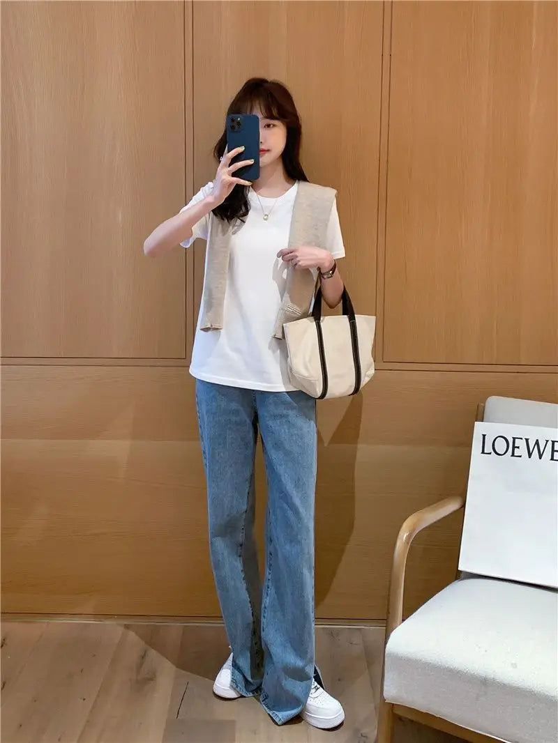 Camiseta feminina de manga curta de algodão, gola redonda