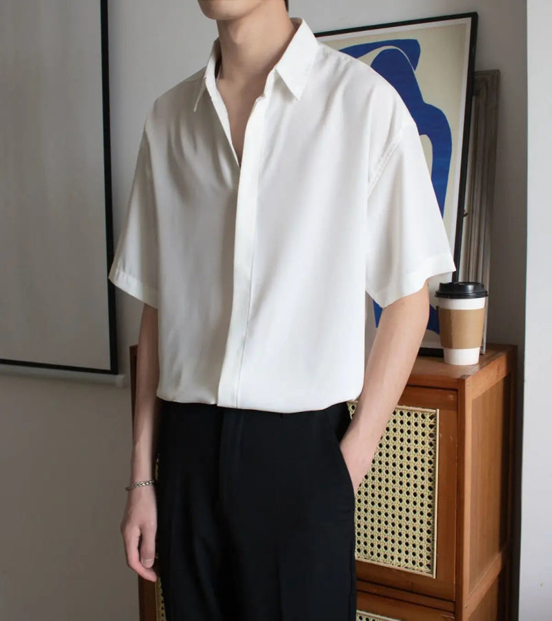 Camisa Masculina Lisa Solta com Gola – Estilo Coreano Casual
