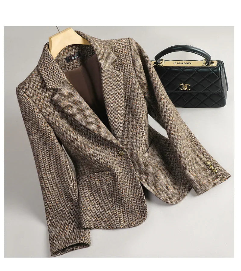 Terno de Lã Feminino Xadrez Tweed – Estilo Casual Coreano