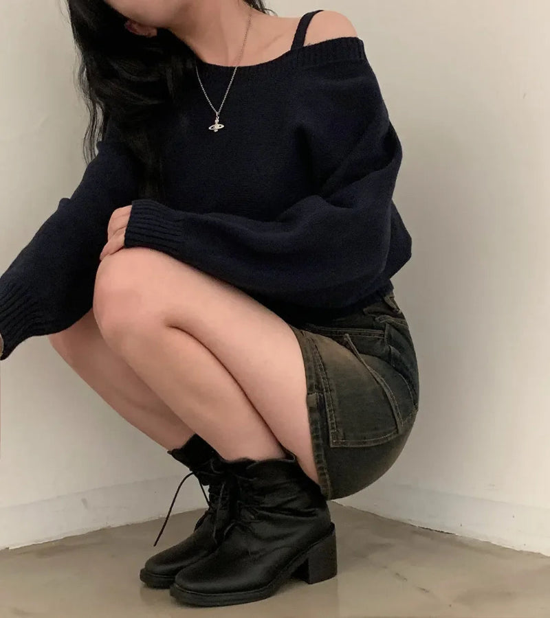 Blusa Suéter Estilo Coreano Chique com Ombros de Fora