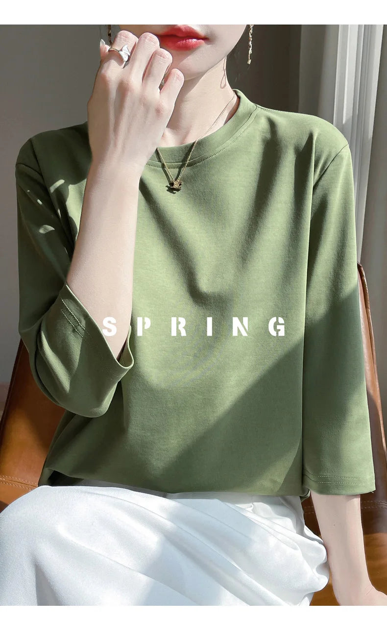 Blusa Básica em Algodão Mercerizado com Manga Cropped  "Primavera de Seul"